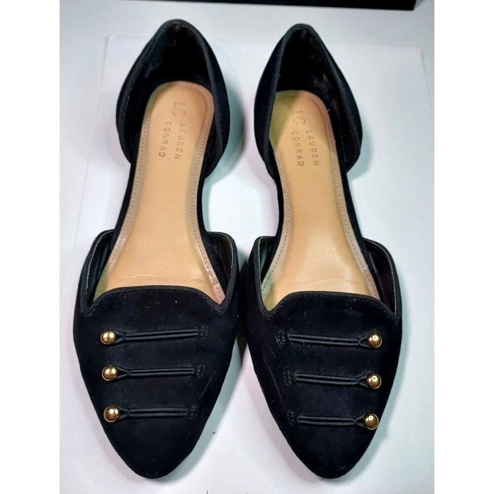 Lauren Conrad LC Black Sued Gold Button Flat Shoe 8.5
